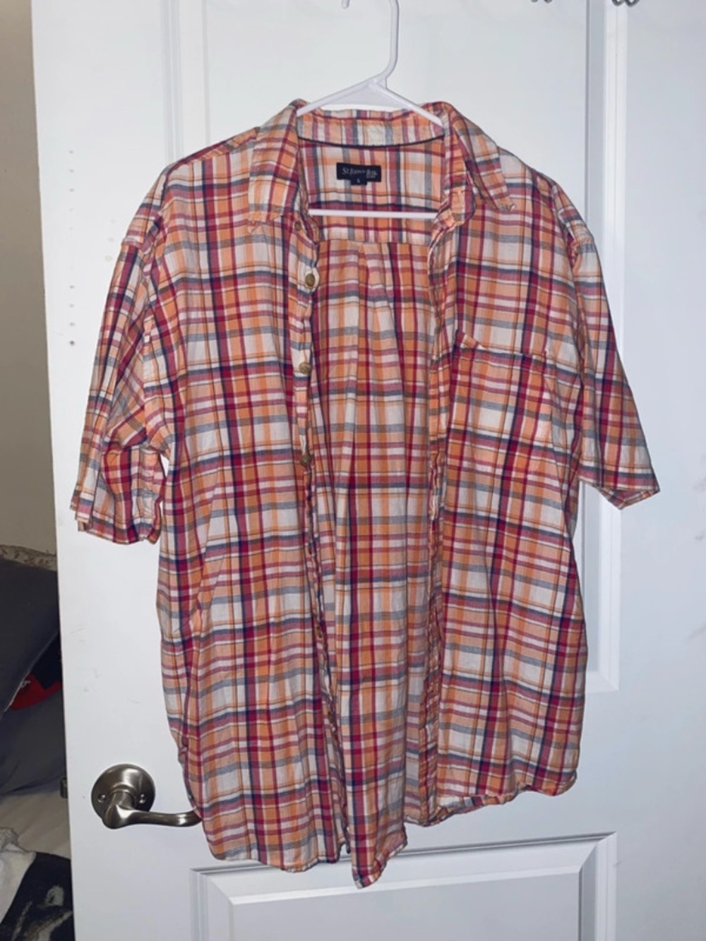 St. John's Bay Orange, White & Red Plaid Short-Sleeve Button-Down Shirt